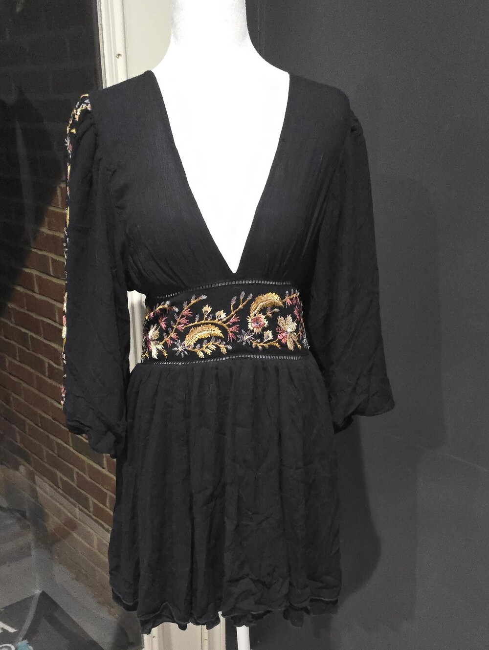 Free People Black Mini Dress with Embroidered Floral Waistband
